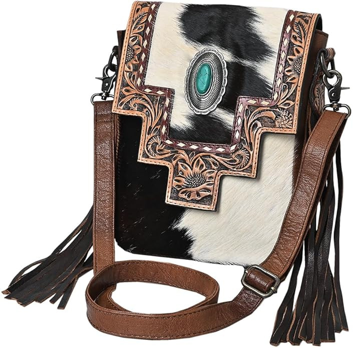 American Darling Messenger Bag for Women, Hand Tooled Floral Leather, Hair-On Cowhide with Fringe... | Amazon (US)