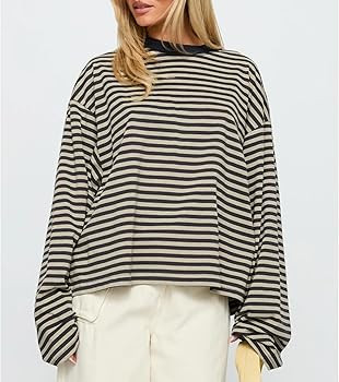 KOSUSANILL Women Oversized Striped Long Sleeve Shirt Crewneck Cropped Tops Drop Shoulder Y2K Prep... | Amazon (US)