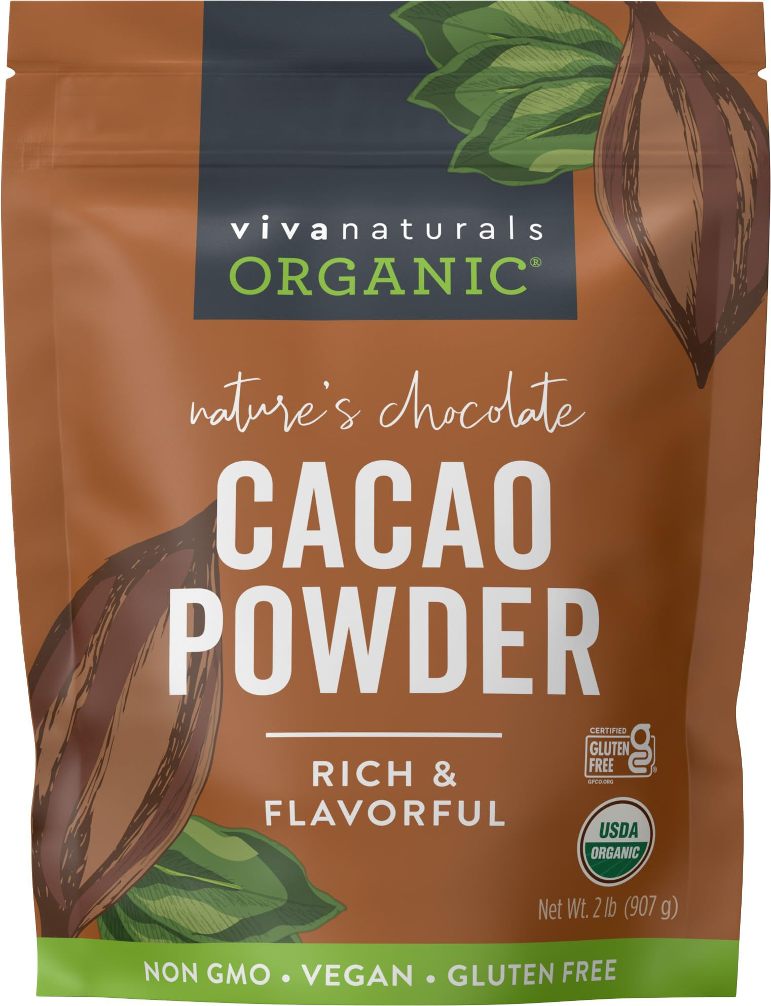 Viva Naturals Organic Cacao Powder, 2lb - Unsweetened Cocoa Powder With Rich Dark Chocolate Flavo... | Amazon (US)