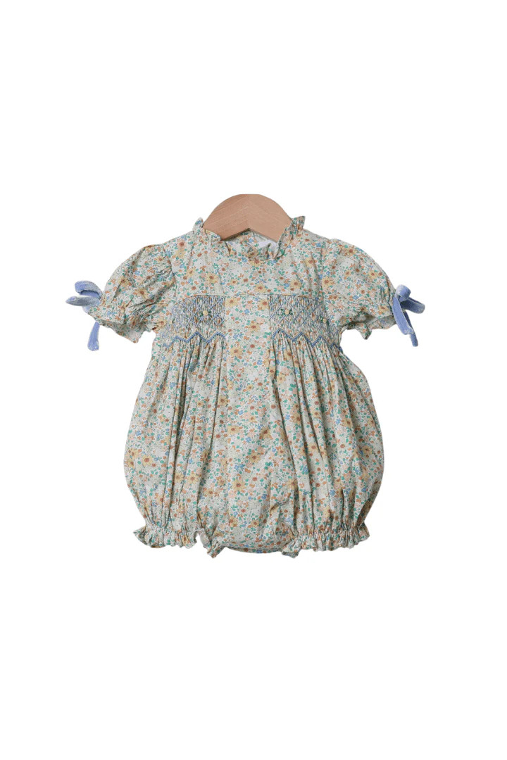 Smocked Heirloom Blue Velvet Floral Bubble | The Smocked Flamingo