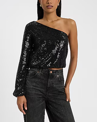 Sequin One Shoulder Long Sleeve Top | Express