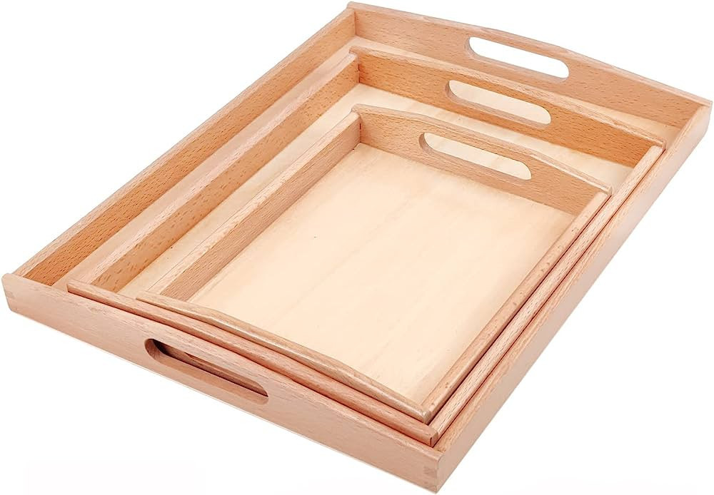 Montessori Wooden Trays with Handles, 3 Pack Small Medium Big Quality Wood Tray for Toddlers and ... | Amazon (US)