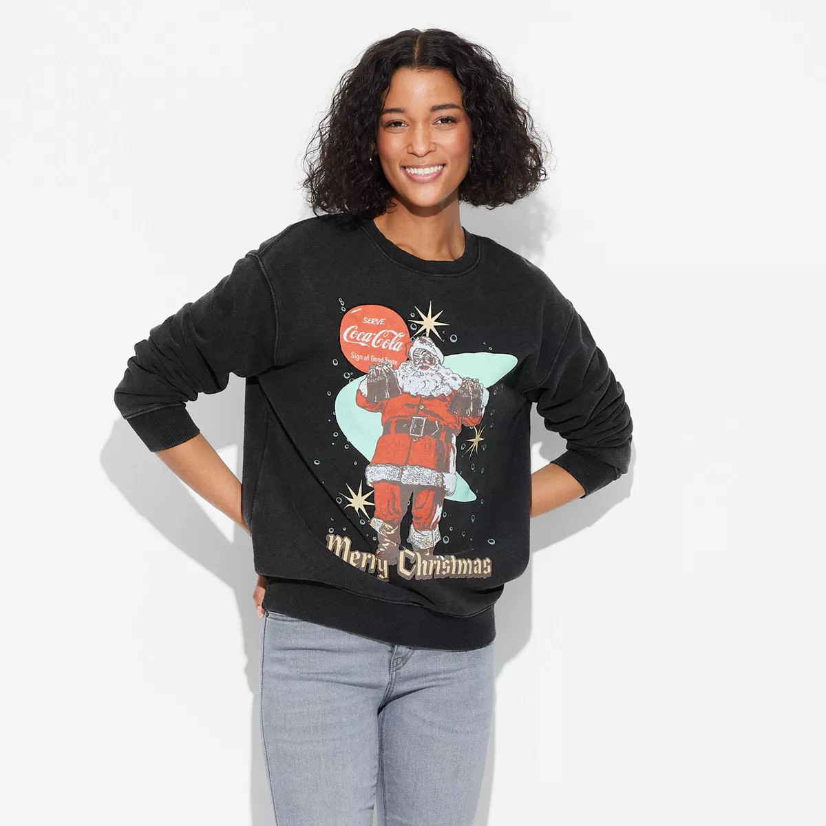 Women's Coca-Cola Santa Graphic Sweatshirt - Black | Target