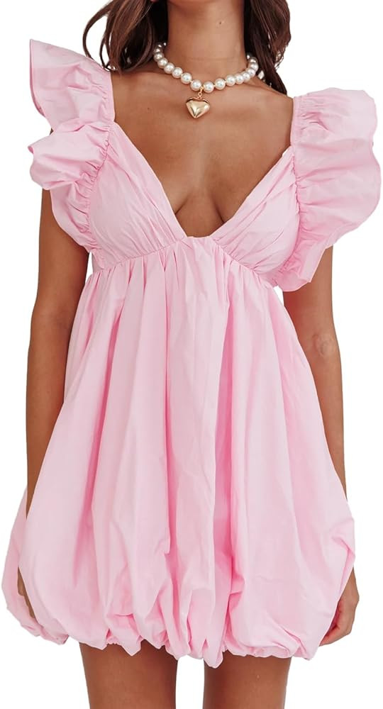 hibshaby Summer Mini Dress Deep V-Neck Babydoll Dress Bubble Dress Backless Lace Up Sexy Short Dr... | Amazon (US)