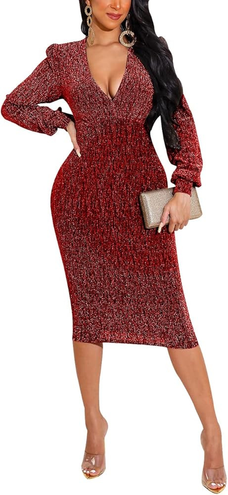 BessCops Women's Sparkly Dresses Long Sleeve Bodycon Sequin Cocktail Midi Dress Evening Party Bal... | Amazon (US)
