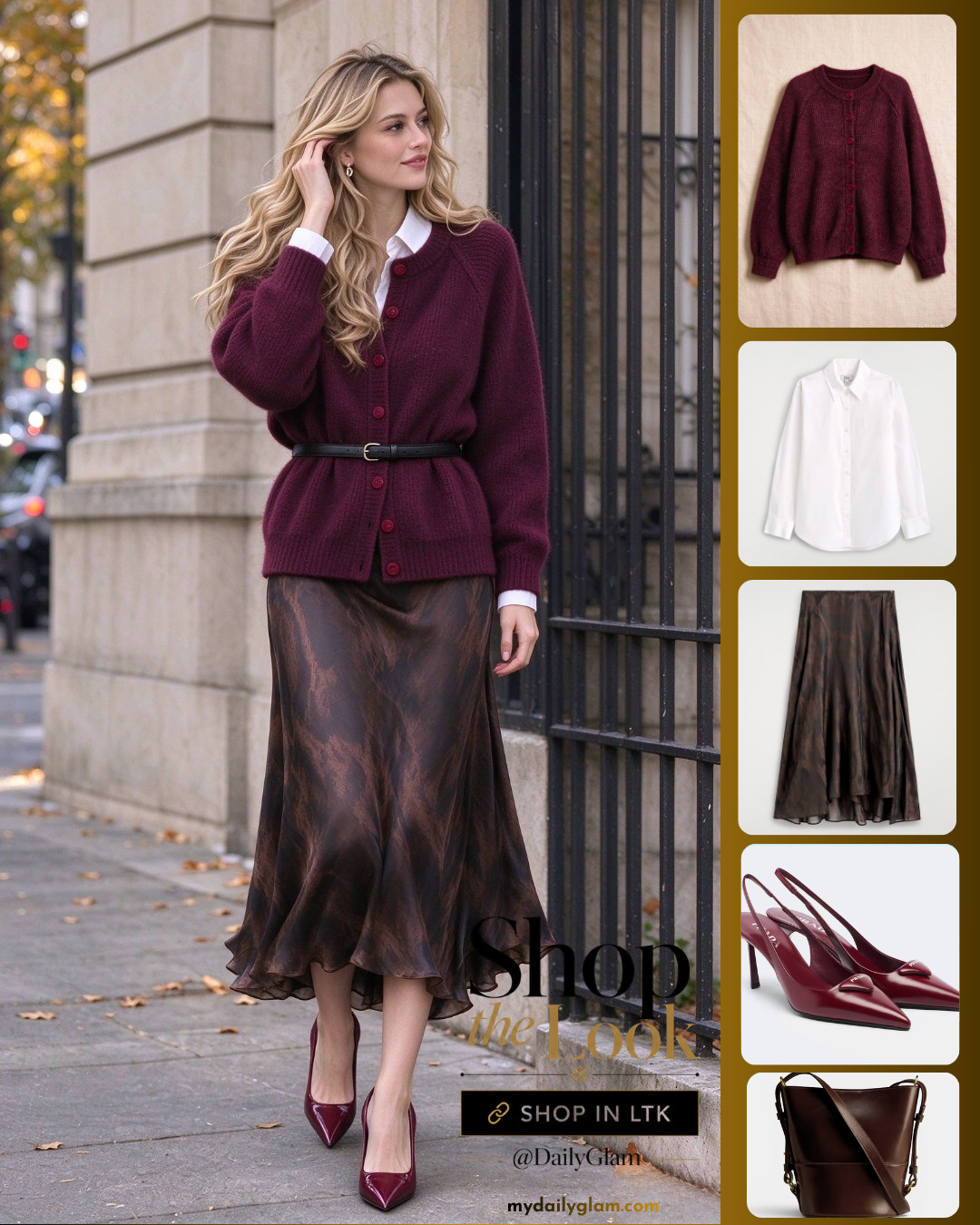 Autumn Parisian vibes hit different 🤎
This burgundy knit cardigan is my new fall staple. Cinched with a thin black belt to define the waist, paired with this dreamy brown printed satin midi skirt + matching burgundy heels.
Soft layers + rich warm tones, perfect for coffee runs and city strolls.



#ParisianStyle #FallOutfit #BurgundyCardigan #SatinMidiSkirt #FallFashion2026 #ChicOutfit #WomensFallStyle #CityChic #KnitCardiganOutfit #OOTDFall 

 #LTKootd #LTKOver40 #LTKWorkwear