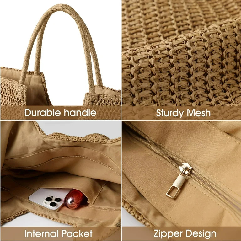 AOUNQ Straw Beach Bag,Summer Woven Purses and Handbags for Women,Large Beach Tote Bags with Zippe... | Walmart (US)