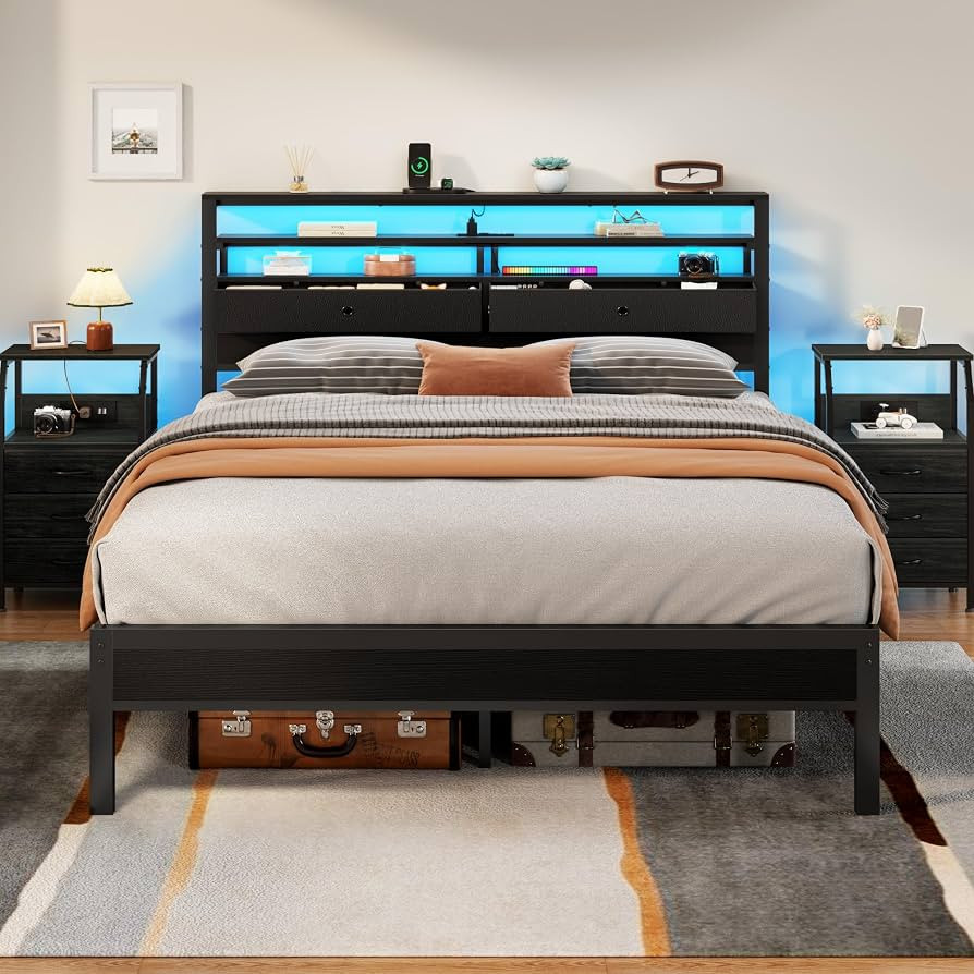 Furnulem Queen Bed Frame with Headboard, 3-Tier Storage Shelves & 2 Fabric Drawers, Built-in Char... | Amazon (US)