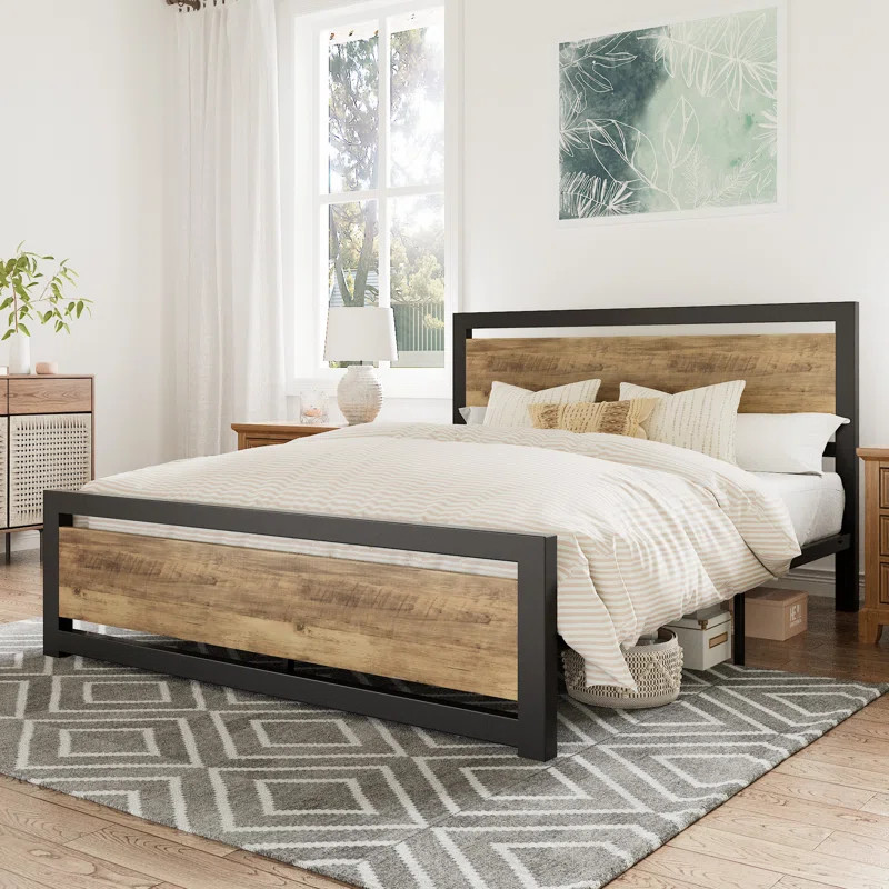 Marilee Wood and Black Metal Frame Bed with Headboard | Wayfair North America