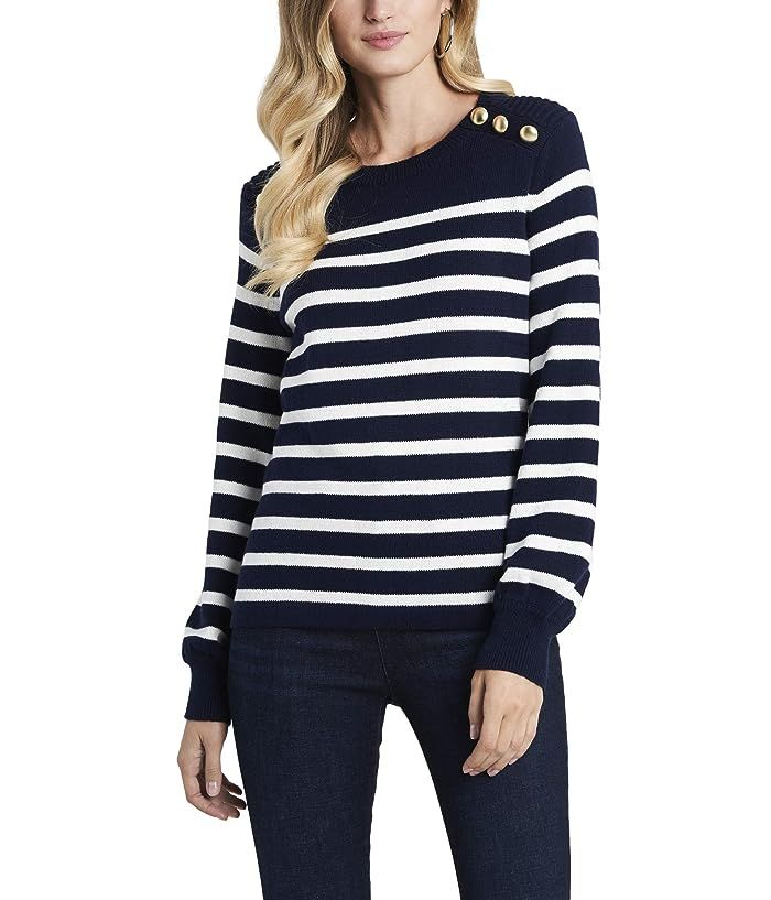 1.STATE Crew Neck Stripe Sweater with Buttons (Navy Crush) Women's Clothing | Zappos