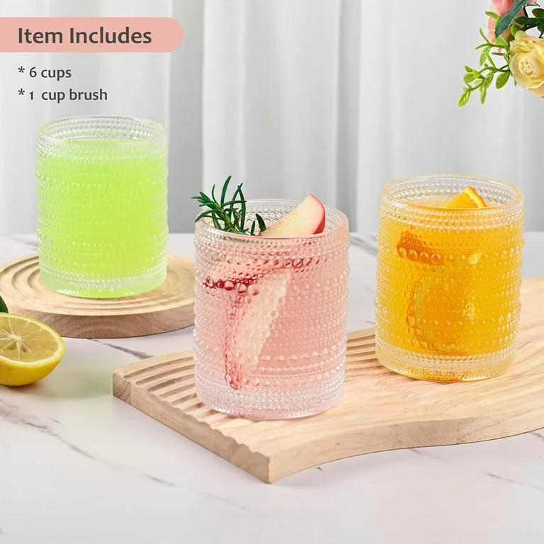 Vintage Glassware Drinking Glasses Set of 6,12 oz Hobnail Glass Cups,Embossed Clear Water Tumbler... | Walmart (US)
