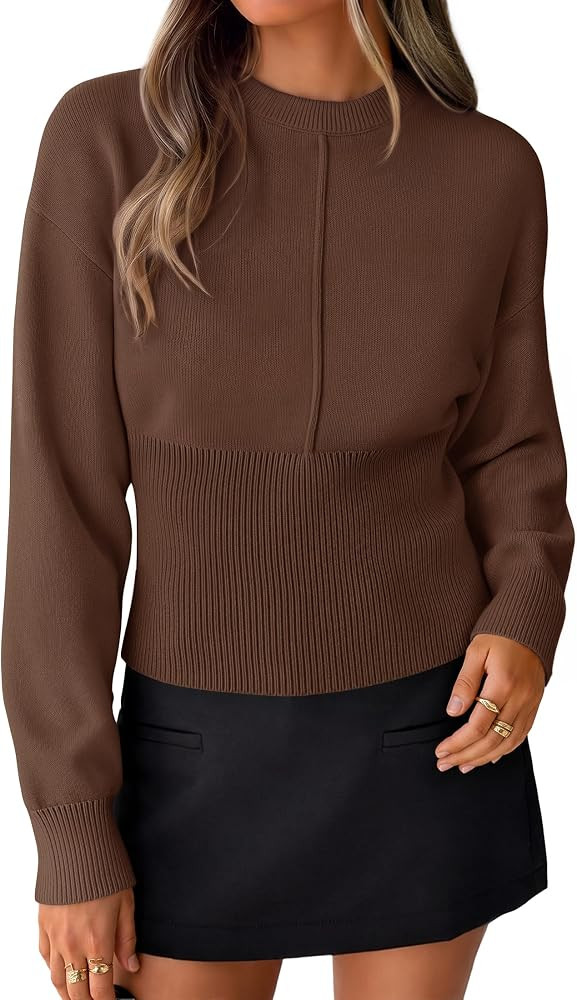 ZESICA Women's Fall Sweaters Crewneck Cinched Waist Pullover Tops | Amazon (US)