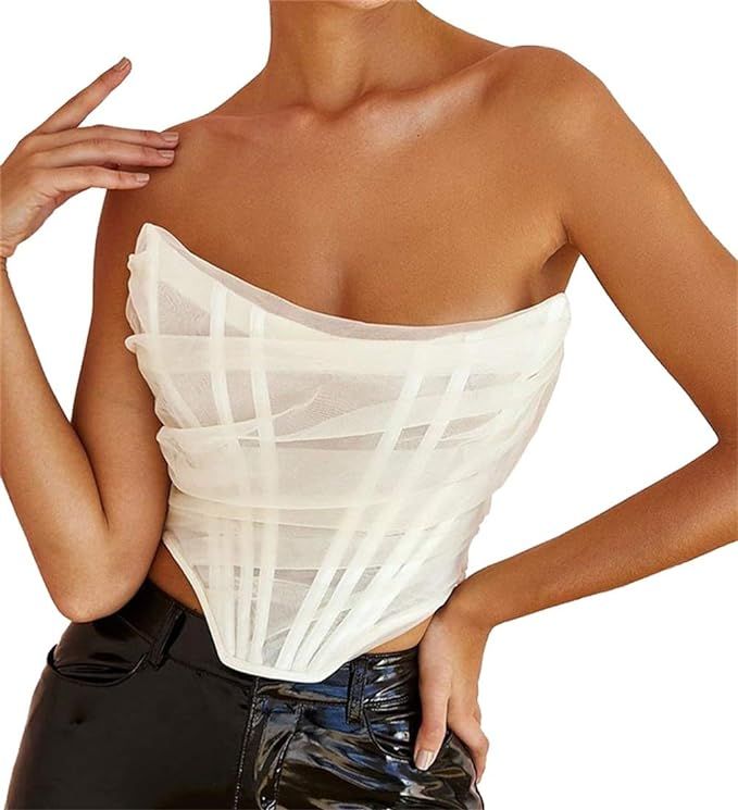 Women's Sexy Bustier Corset Push up off the Shoulder Zip Back Boned Mesh Crop Tank Top Slim Clubw... | Amazon (US)