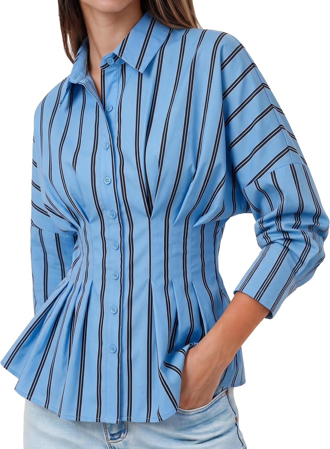 Tankaneo Womens Striped Button Down Shirt Cinched Waist Office Blouse | Amazon (US)