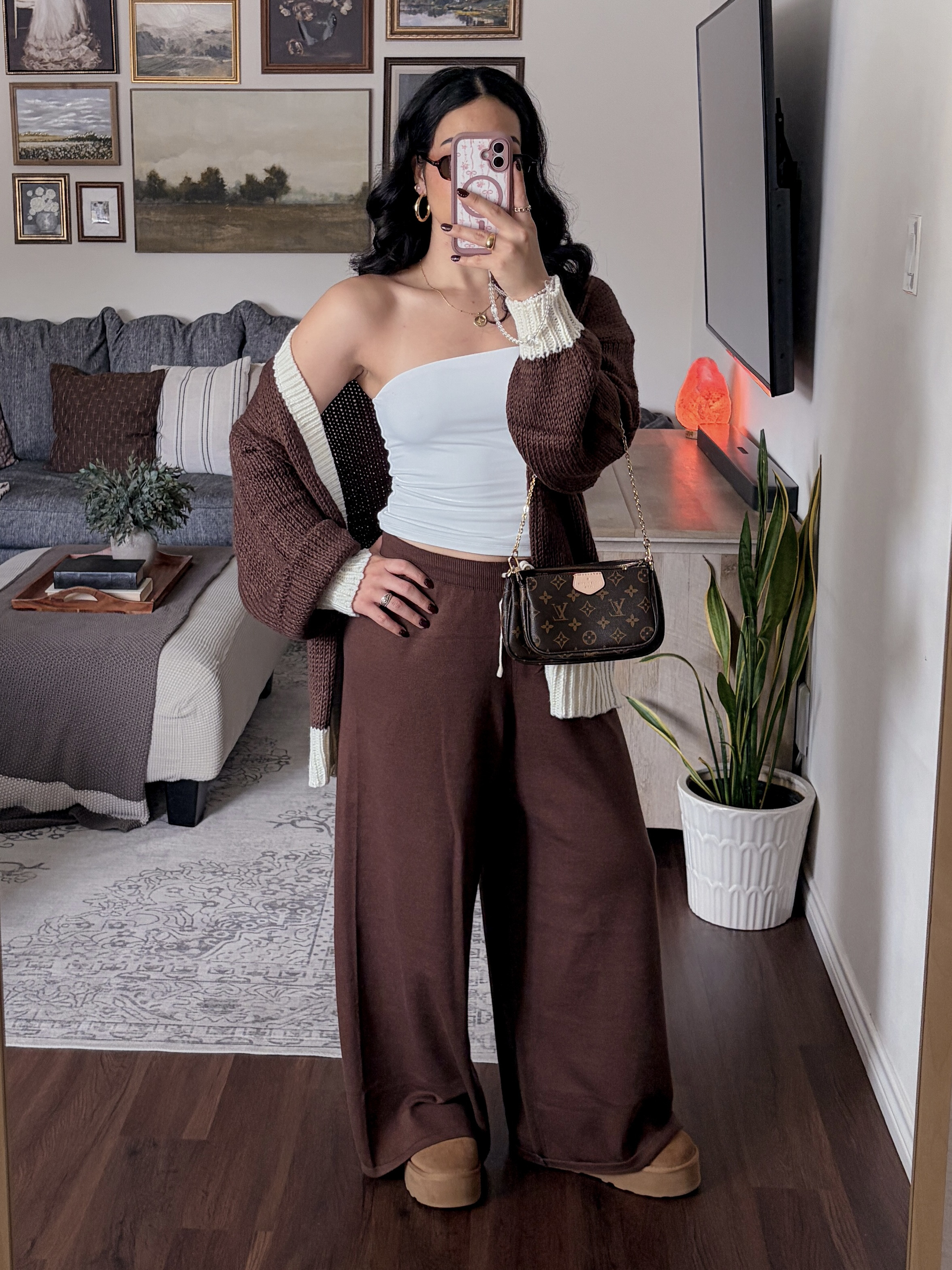 easy, comfy, & still put together 🐻🍂🤎 fall outfit, fall outfit ideas, fall fashion, fall style, cute fall outfits, cozy fall outfit, brown outfit, chocolate brown outfit, monochrome brown outfit, brown and cream outfit, neutral fall outfit, cozy chic outfit, elevated casual outfit, casual fall outfit, wide leg pants outfit, brown wide leg pants, wide leg trousers outfit, brown cardigan outfit, oversized cardigan outfit, cropped cardigan, white tube top, brown sweater outfit, layering outfit, fall layering, neutral outfit ideas, casual chic style, effortless fall outfit, everyday fall outfit, weekend outfit, fall fashion inspiration, autumn outfit ideas, Y2K inspired outfit, 90s inspired outfit, minimalist fall outfit, brown aesthetic outfit, neutral aesthetic outfit, UGG outfit, platform UGG outfit, cozy fashion, fall wardrobe, transitional weather outfit, cute casual outfit, classic casual style, fall outfit inspiration, brown handbag, shoulder bag outfit, layered cardigan outfit  

 #LTKdayinmylife #LTKgrwm #LTKootd