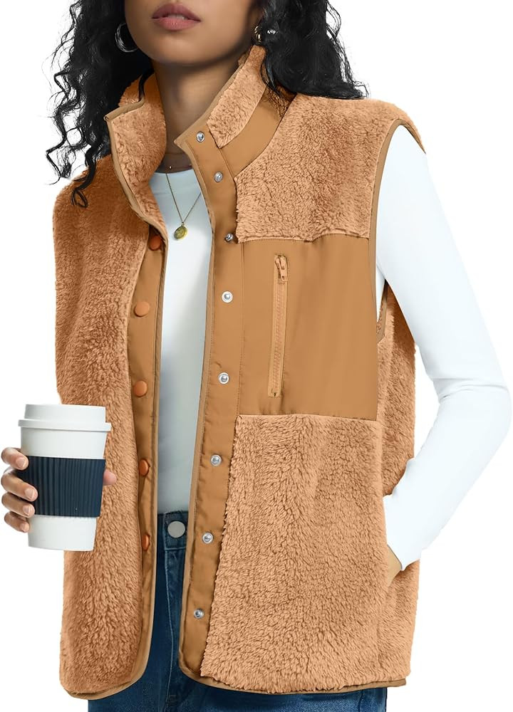 Rapbin Vests for Women Lightweight Stand Collar Sherpa Fuzzy Fleece Vest Buttoned Sleeveless Jack... | Amazon (US)