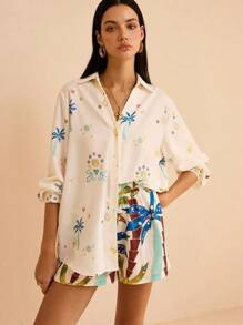 Women's Beach Print Suit, Long Sleeve Button-Down Shirt, Top, Loose Shorts, 2-Piece Set, Summer S... | SHEIN