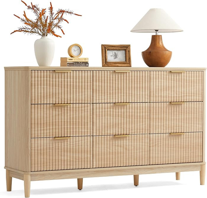 LINSY Fluted Dresser for Bedroom with 9 Drawers, Mid Century Modern Chest of Drawers with Gold Me... | Amazon (US)