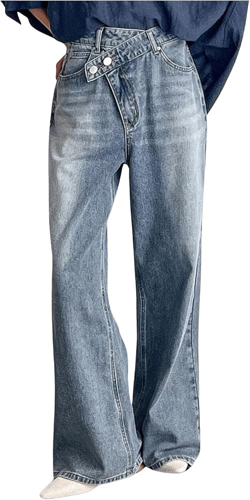 WDIRARA Women's Straight Leg Baggy Jeans Cross Waistband Mid Rise Denim Pants with Pockets | Amazon (US)