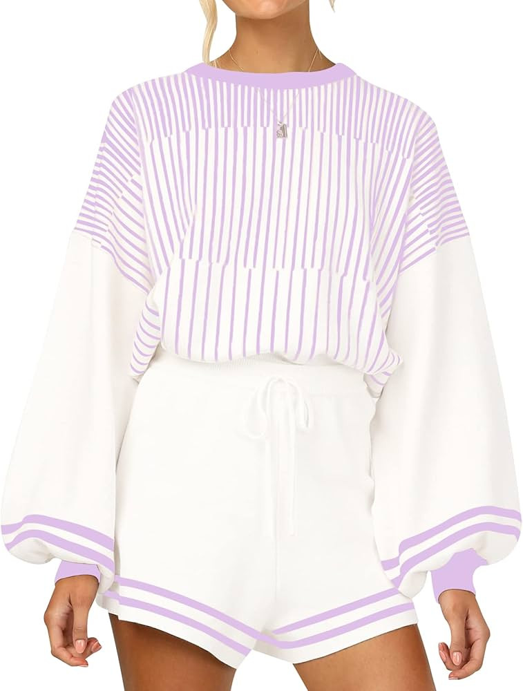 Gihuo Women' s Striped 2 Piece Outfits Crewneck Knit Pullover Sweater Shorts Set Wide Leg Matchin... | Amazon (US)
