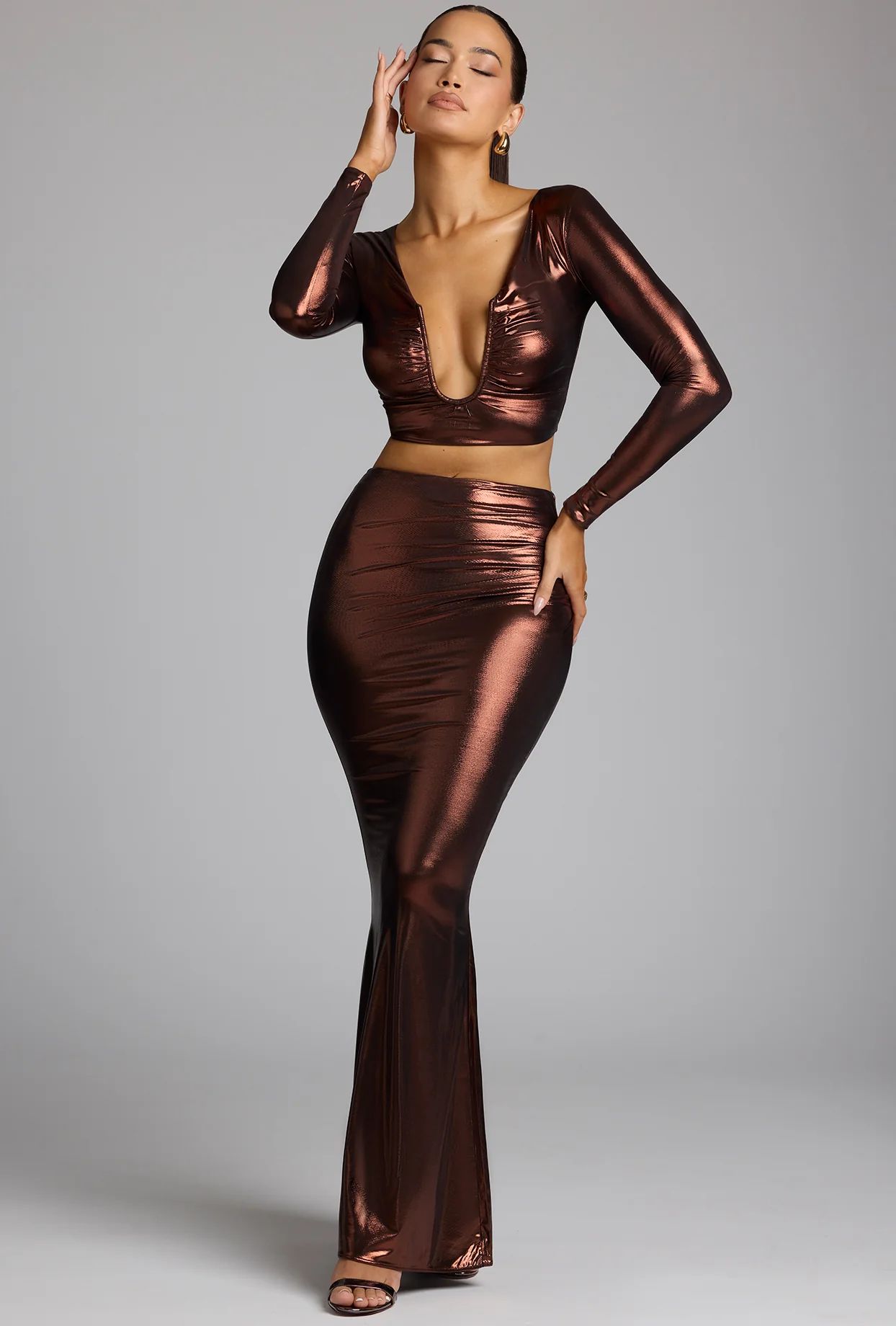 Mid Rise Metallic Jersey Gown Skirt in Copper Bronze | Oh Polly