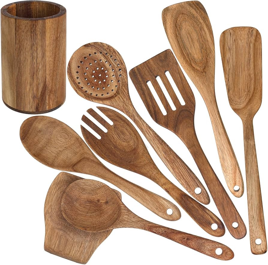 HAKSEN 9PCS Wooden Spoon Set, Wooden Kitchen Utensils Natural Wooden Spatulas for Cooking Nonstic... | Amazon (US)