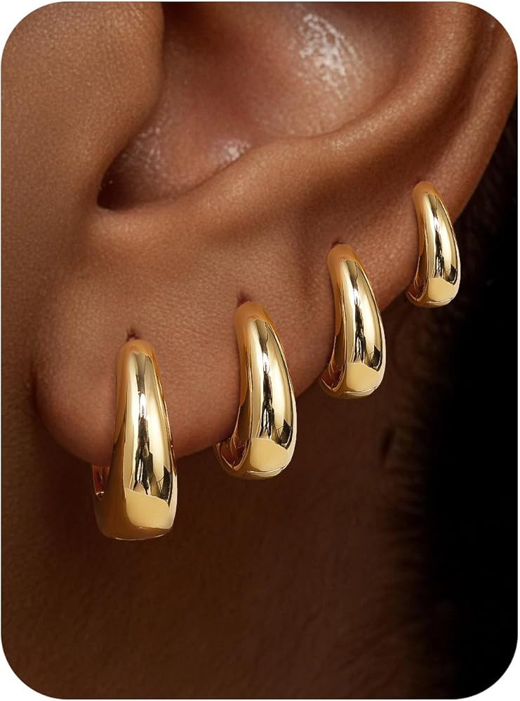 M MOOHAM 14K Gold Plated Hoop Earrings for Women, 5 Pairs Chunky Huggie Hoops Earring Stacks for ... | Amazon (US)
