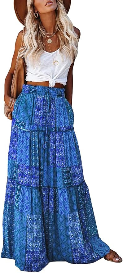 EARKOHA Womens Casual High Waist Tie Paisley Print Long Maxi Skirt with Pockets | Amazon (US)