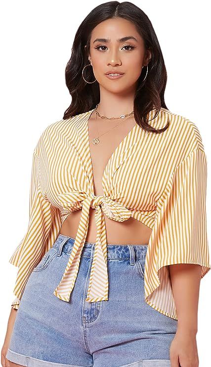 SheIn Women's Plus Striped Self Tie Bell 3/4 Sleeve Blouse Deep V Neck Crop Top | Amazon (US)