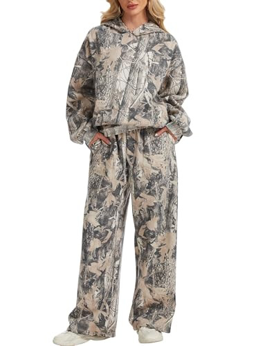 Eutten Womens 2 Piece Camo Sweatsuits Fall Outfits Oversized Camo Hoodie Wide Leg Sweatpants Travel Lounge Matching Sweat Sets | Amazon (US)