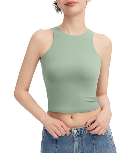 PUMIEY Tank Top for Women Sleeveless Womens Tops High Neck Racer Back Crop Tops, Sage Small | Amazon (US)
