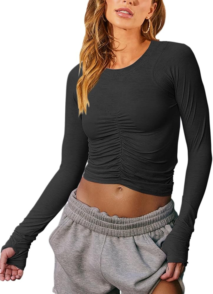 Vivitulip Women’s Long Sleeve Shirts Basic Fall Ruched Slim Fitted Crop Tops Tight Athletic Blo... | Amazon (US)