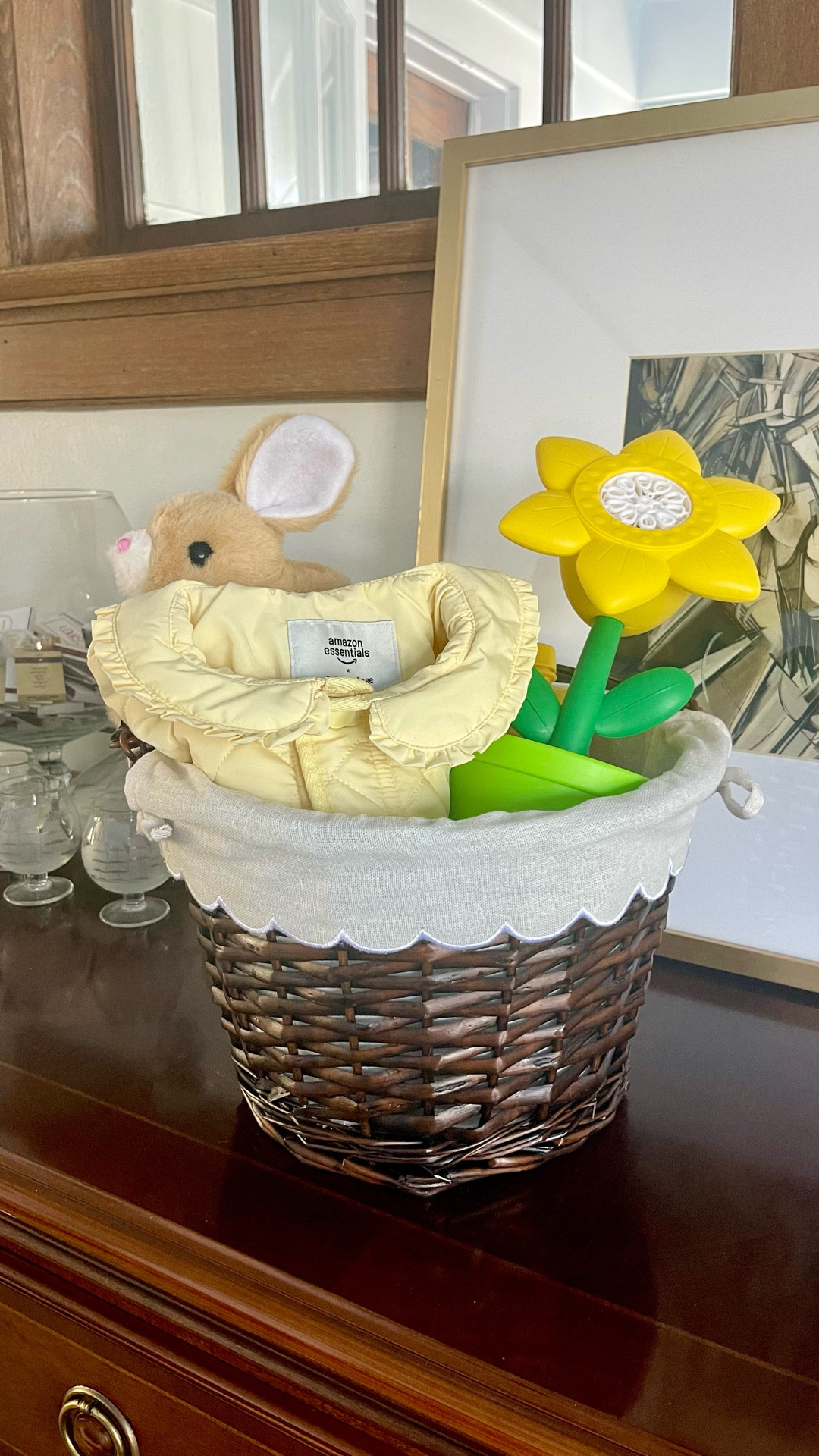 Yellow baby toddler Easter basket // bubble machine, side walk chalk, bunny, doing Amazon jacket 