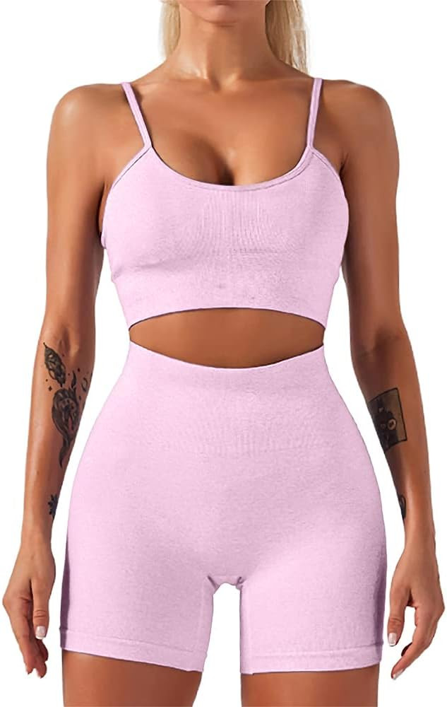 HANERDUN Workout Outfits for Women 2 Piece Tracksuit Set Ribbed Seamless Gym Running Yoga Sportsw... | Amazon (UK)