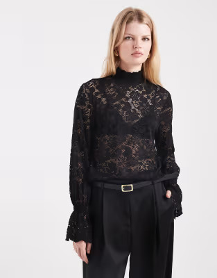 Pieces frill cuff high neck lace top in black | ASOS (Global)