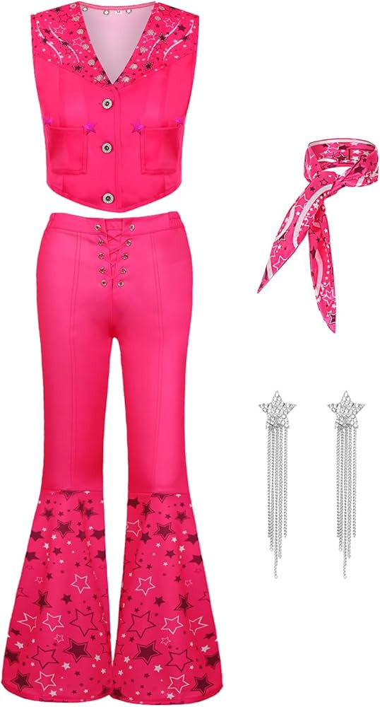 Cowgirl Costume Outfit Women Adult 70s 80s Hippie Disco Halloween Costume Pink Flare Pant Movie W... | Amazon (US)