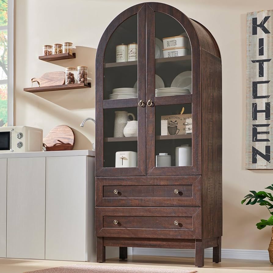 71" Tall Arched Kitchen Pantry, Modern Farmhouse Wood Kitchen Storage Cabinets with 2 Large Drawe... | Amazon (US)