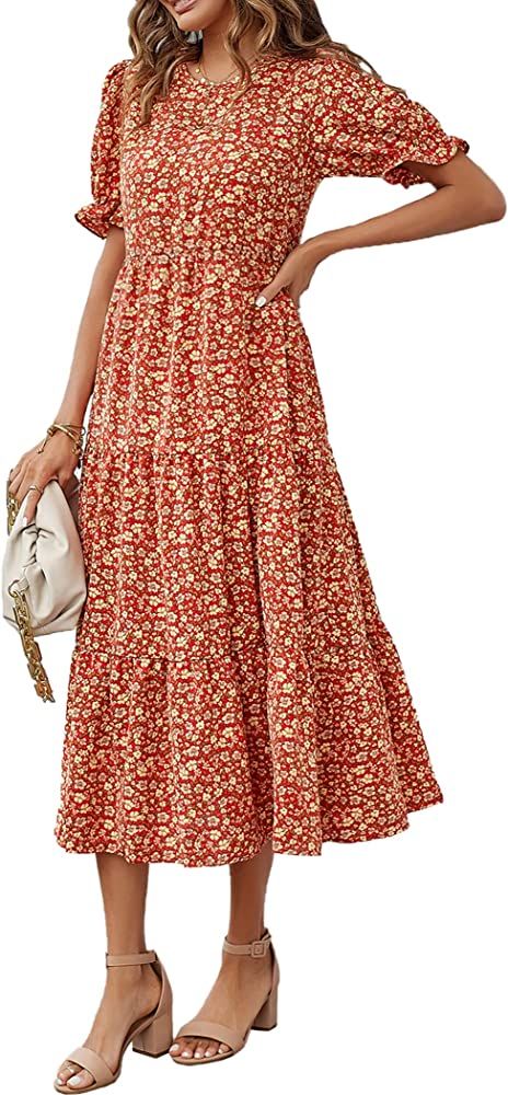 PRETTYGARDEN Women's Summer Casual Boho Dress Floral Print Ruffle Puff Sleeve High Waist Midi Bea... | Amazon (US)