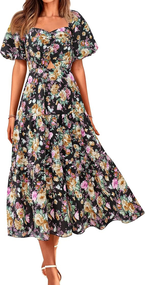 BTFBM Women's Clothing Spring Summer Dresses 2026 Beach Vacation Short Sleeve Smocked Back Boho C... | Amazon (US)