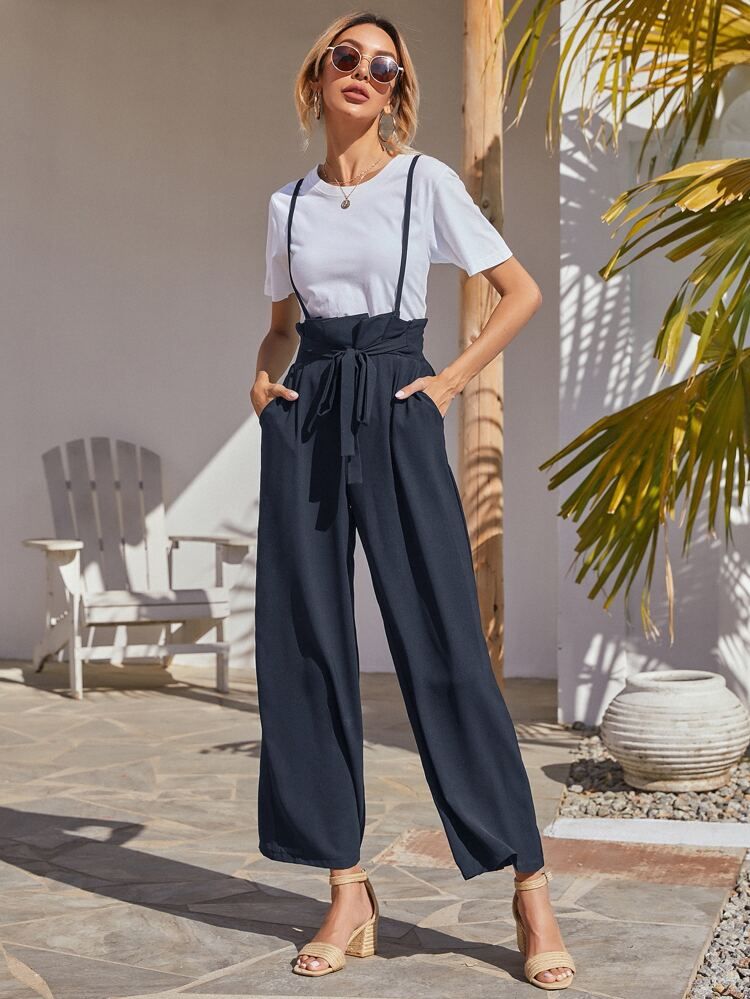 Solid Slant Pocket Belted Suspender Pants | SHEIN