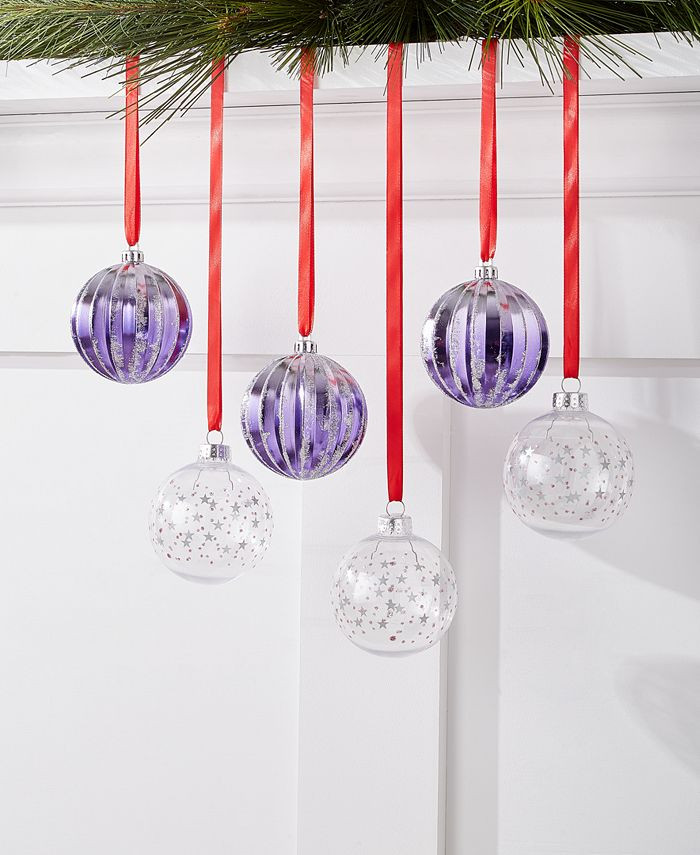 Holiday Lane Royal Holiday Set of 6 Shatterproof Purple & Clear Decorated Ball Ornaments, Created... | Macys (US)