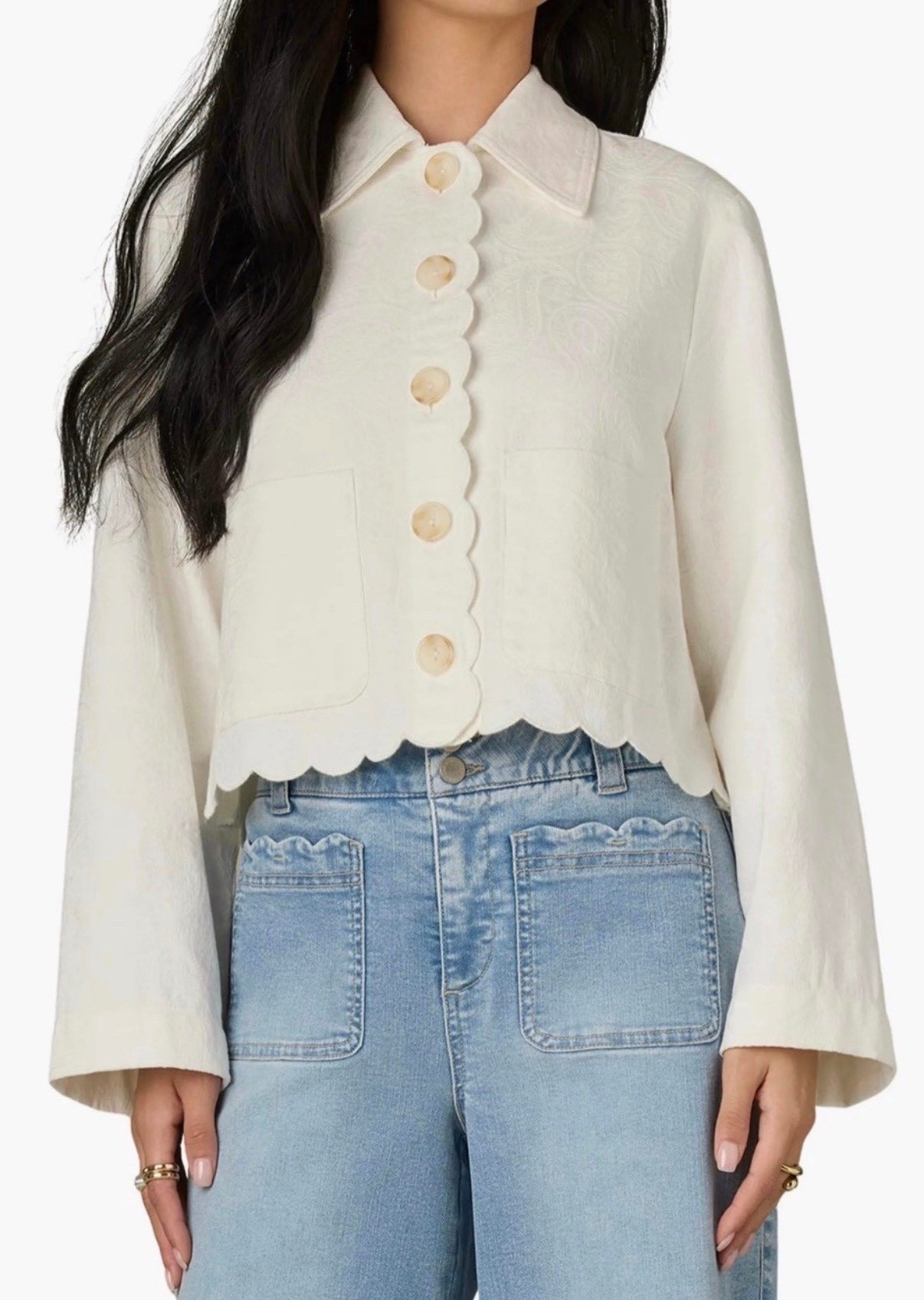 Scallop jacket
White top
Scallop top
Front pocket jeans 


#LTKSeasonal