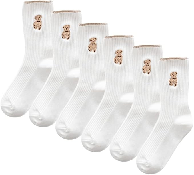CHERSE 6 Pairs Women Cute Socks Fashion Cotton Breathable Socks Japanese Style Cute Bear Embroide... | Amazon (US)