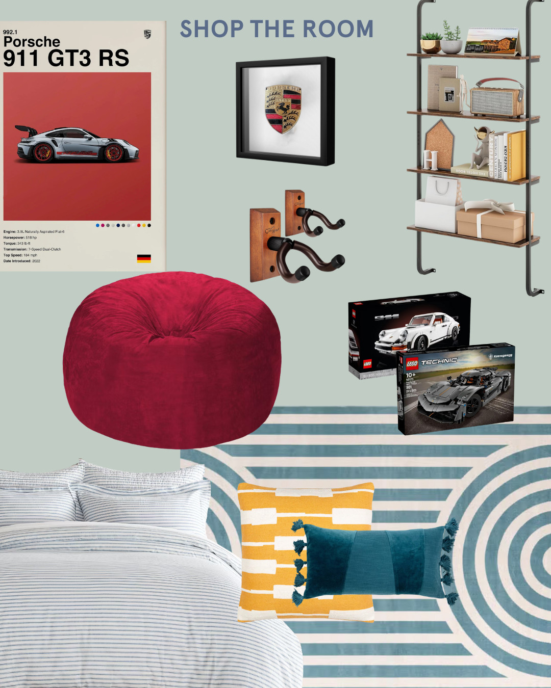 A tasteful and fun teen car room. 

#beanbagchair
#porscheart
#wall shelf
#4tiershelf
#guitarhooks
#legocar
#striperug
#stripebedding
#shadowboxframe
#tealpillow
#yellowpillow 

 #LTKHome #LTKFindsUnder100 #LTKKids