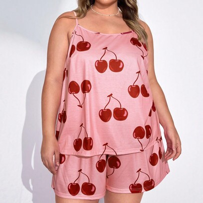 Extra Large Women's Cherry Printed Pajama Set, Daily, Suitable For Valentine's Day | SHEIN