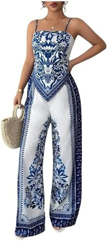 Floerns Women's 2 Piece Outfit Tropical Bow Backless Camisole Tops Wide Leg Pants Set | Amazon (US)