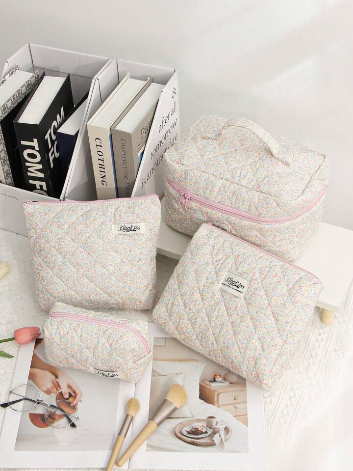 1PC/SetLight Pink Floral Quilted Makeup Bag, Exquisite Colorful Small Floral Fragments, Multifunc... | SHEIN