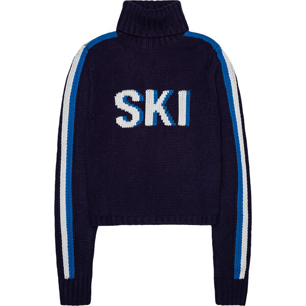 Women's Retro Ski Knit Cropped Turtleneck Sweater, Navy | Maisonette