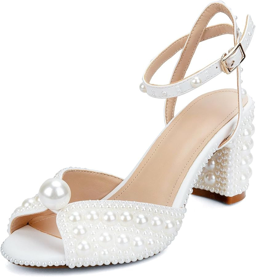 Goolita Full Pearl Heels For Women Block Buckle Ankle Strap Heeled Sandals Rhinestone Open Toe Ev... | Amazon (US)