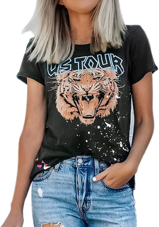 NANTE Top Tiger Printed T-Shirt Casual O-Neck Tops Short Sleeve Letter Blouse Women Fashion Shirt... | Amazon (US)
